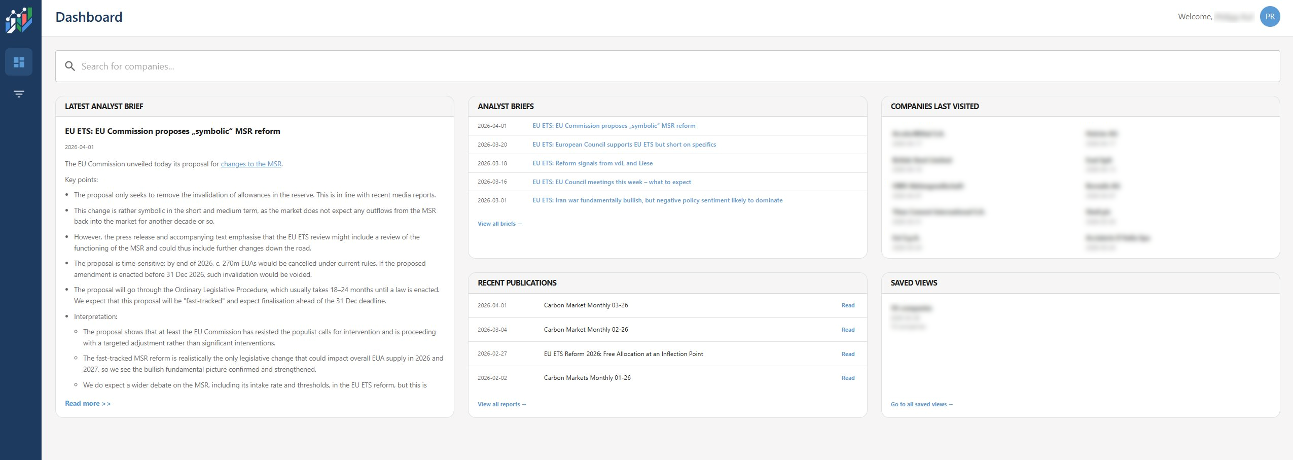 Transition Metrics platform — analyst briefs dashboard with latest ETS commentary and company feed